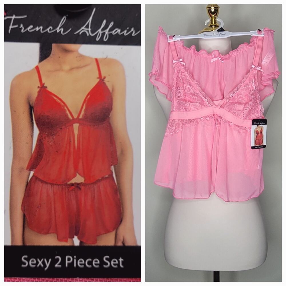 French Affair Sz S Barbie Pink Lace Lingerie PJ Short Set Coquette Babydoll Top